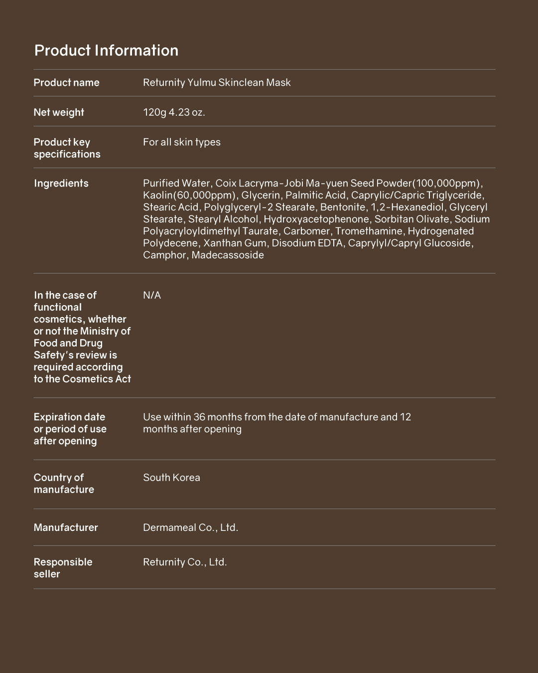 Returnity Yulmu Skinclean Mask